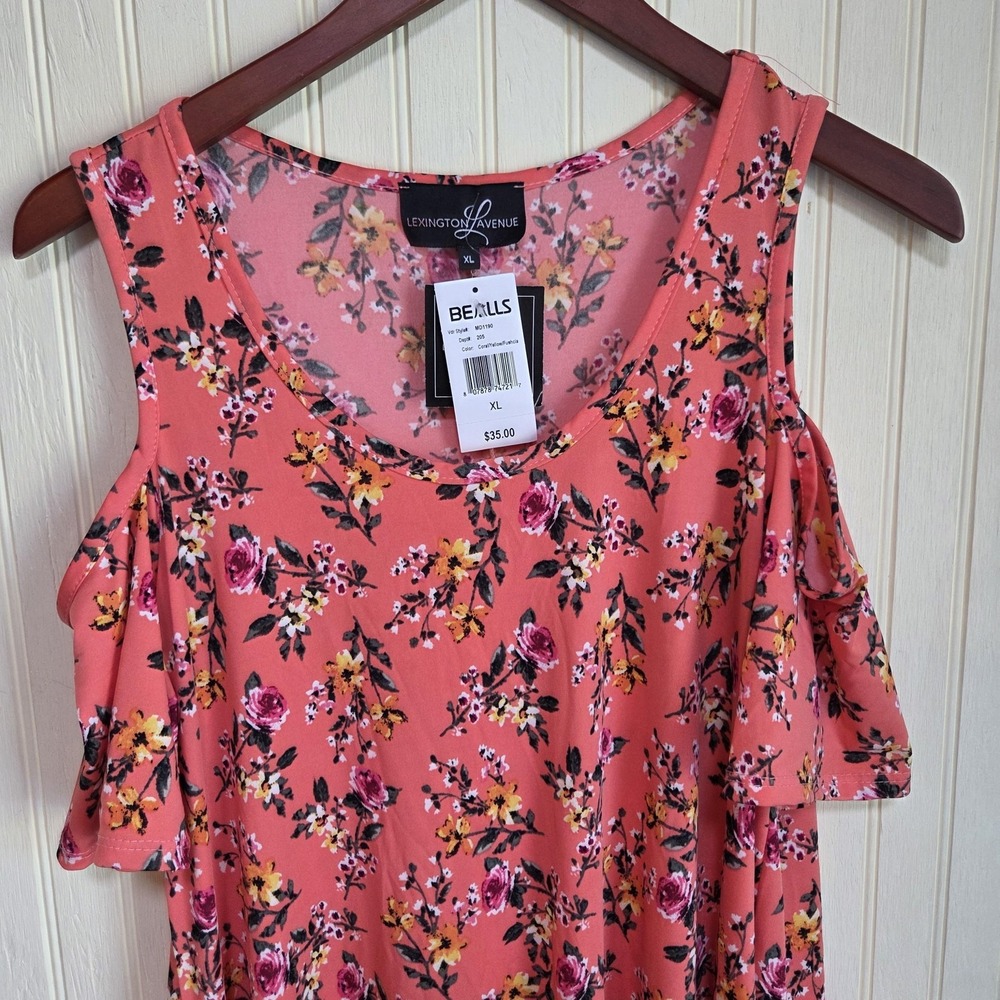 Lexington Avenue Dress Womens XL Pink Floral Cold Shoulder Ruffle Swing Knee